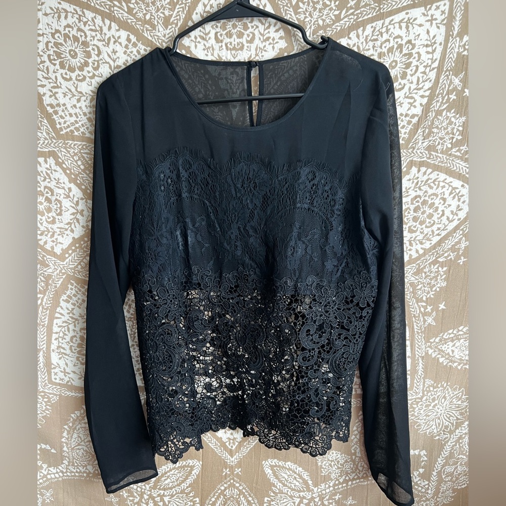 Hotel Particulier Sheer Black Lace Blouse Long Sleeve